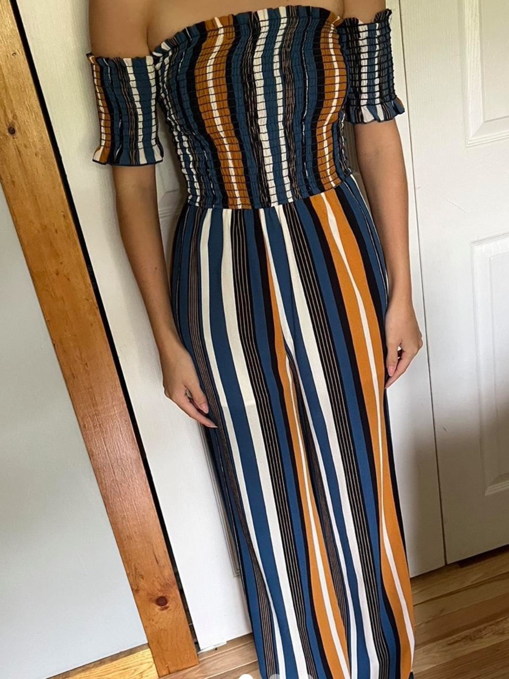 Altar’d State Striped Shirred Off-shoulder Pants Jumpsuit, Size M, Inseam 31.5”